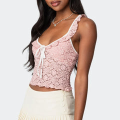 Lace See Through Cropped Ruffled Tank Top
