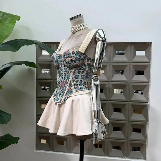Embroidery Corset Strap Top And Mini Skirt Set
