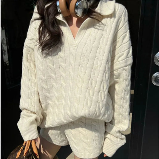 Cable Knit Long Sleeve Sweater And Shorts Set