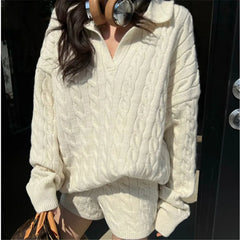 Cable Knit Long Sleeve Sweater And Shorts Set