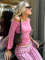 Pink One-Shoulder Drawstring Top