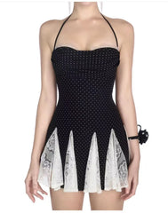 Black Polka Dot Lace Patchwork Ruffle Hem Strappy Mini Dress