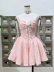 Polka Dot Corset Spaghetti Strap 3D Flower Flared Mini Dress