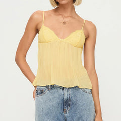 Women's cami top with sheer fabric and lace details.