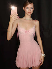 Pink Pleated Lace Tie Up Mini Dress