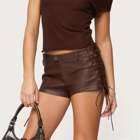 Faux Leather Low Rise Shorts with Lace-Up Side Detail