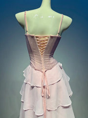 Pink Diamond Lace Up Corset Ruffle Tiered Midi Dress