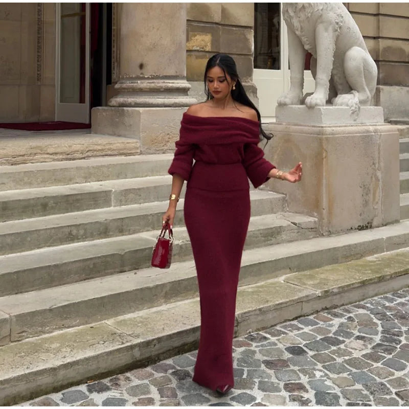 Burgundy Off Shoulder Fold Knit Midi Dress  ﻿ Free From Label