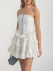 White Floral Lace Up Strapless Ruffles Mini Dress