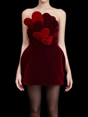 Red Velvet Strapless 3D Heart Patchwork Mini Dress