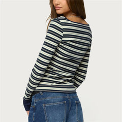 Square Neck Striped Long Sleeve Knit Top