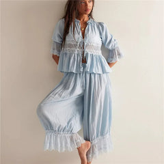 Lace Trim Bow Tie Front Short Sleeve Shirts And Ruffle Flared Lantern Pants Loungewear Set