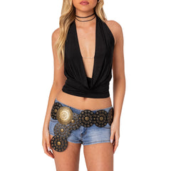 Deep neck halter open back top.