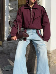 Red Stand Collar Long Sleeve Zipper Cover Short Jacket