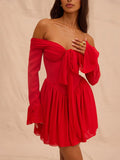Red Off-Shoulder Frill Mini Dress