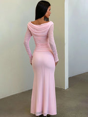 Boat Neck Mesh Long Sleeve Bodycon Maxi Dress
