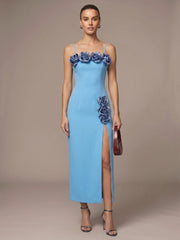 Spaghetti Strap 3d Flower Applique Slit Midi Dress