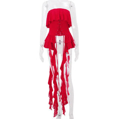 Red Ruffled Lace Up Tube Top - Free From Label