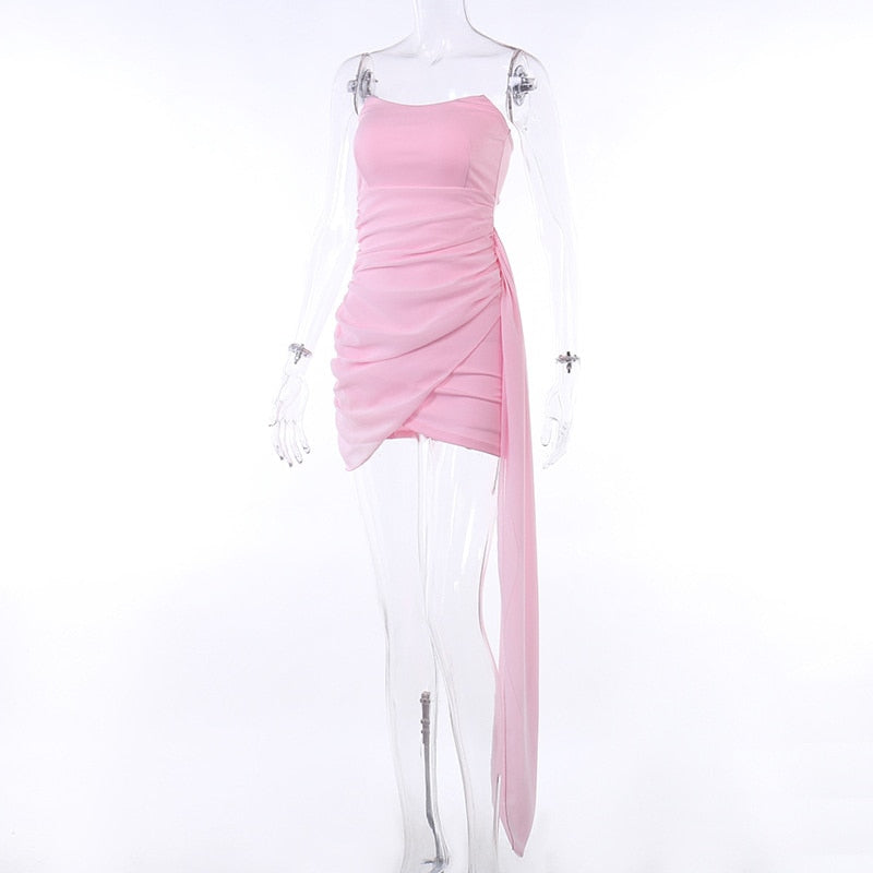 Pink Mesh Corset Draped Tube Mini Dress