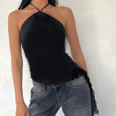 Asymmetric Hem Mesh Halter Tank Top