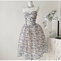 Strapless Floral Corset Fishbone Midi Dress
