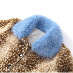 Deer Print Blue Faux Fur Cropped Jacket