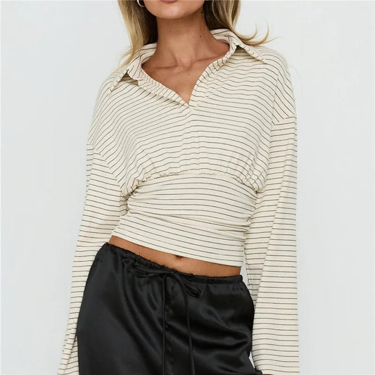 Striped Turn Down Collar Long Sleeve Top