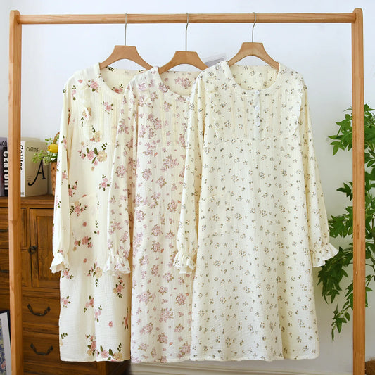Flower Printed Cotton Long Sleeve Nightdress