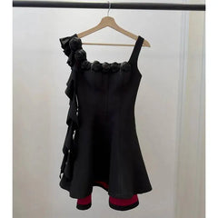 Black Square Collar 3D Floral Irregular Sash Mini Dress