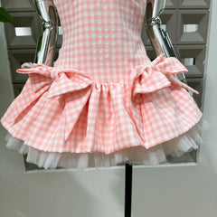 Gingham Spaghetti Strap Bow Tulle Hem Mini Dress