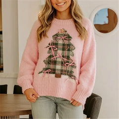 Fuzzy Plaid Christmas Tree Crew Neck Pullover