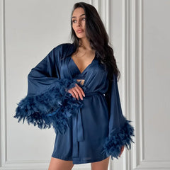 Satin Cami Top And Shorts With Fur Trim Rode Nightgown Three-piece Set