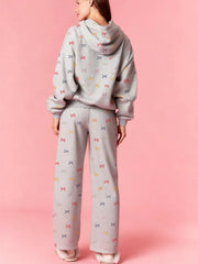 Grey Bow Print Sweatshirt And Wide Leg Sweatpants Set
