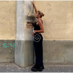 Spiral Rivet  Low Waist Wide Leg Trousers