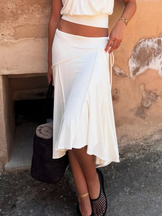 White Asymmetric Seam Midi Skirt