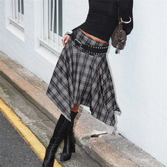 Plaid Irregular Hem Midi Skirt