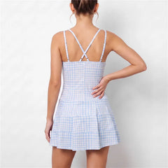 Blue Gingham Spaghetti Strap Criss Cross Back Mini Dress