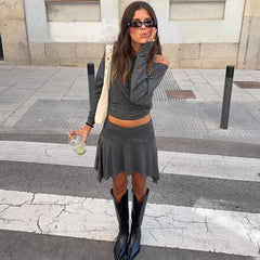 Stripe Off Shoulder Top And Irregular Hem Mini Skirt Set