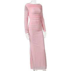 Boat Neck Mesh Long Sleeve Bodycon Maxi Dress