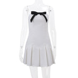 White Bow Design Pleated Mini Dress