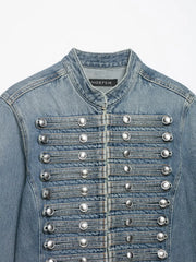 Denim Embroidered Button Jacket And Micro Shorts Set