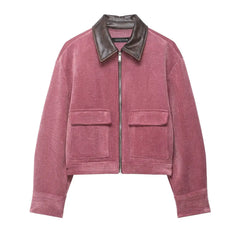 Pink Corduroy Turn-Down Collar Zipper Jacket