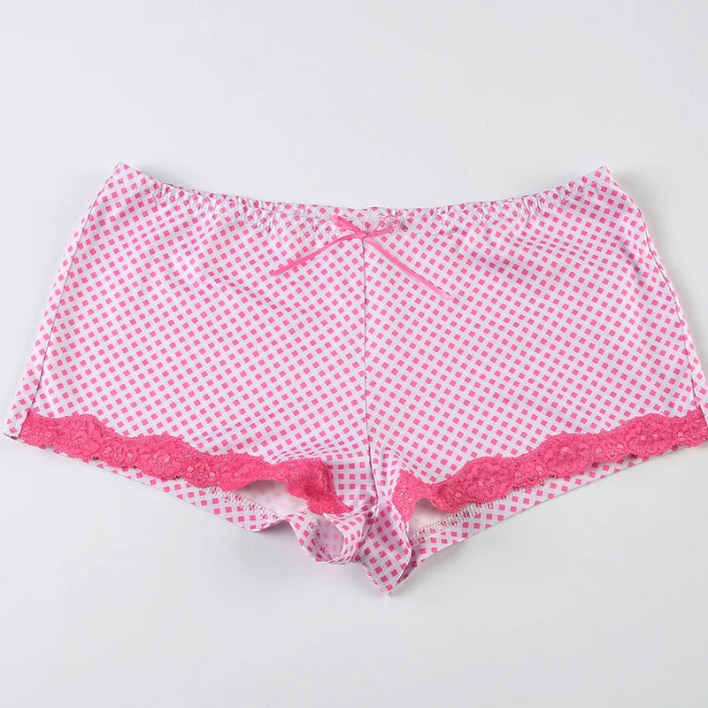Pink checkered shorts with lace trim 