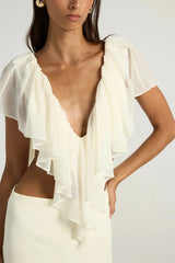 Ruffled V-Neck Crop Top And Mini Skirt Set