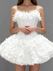 3d Flower Flare Fringe Neck Corset Mini Dress