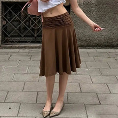 Brown Pleated Waist Midi Skirt
