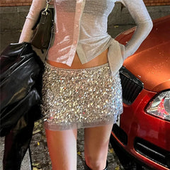 Sequin  Lace Hem Mini Skirt