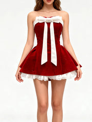 Bowknot Strapless Ruffle Hem Mini Dress