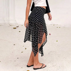 Black Chiffon Polka Dot Irregular Mesh Splice Midi Skirt