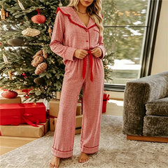 Plaid Ruffle Collar Button Long Sleeve Top And Wide Leg Pants Set